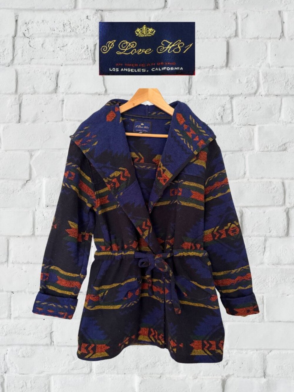 Southwestern Aztec Print Hooded Wrap Wooly Sweater Coat | Women's Medium
